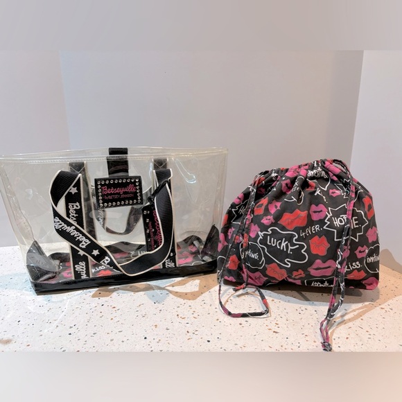Vintage Y2K Betsey Johnson Clear Tote Bag with Drawstring Insert Kiss Pattern - Picture 4 of 11